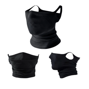 Three-angle views of a black windproof ear-loop neck gaiter for outdoor cycling and sports
