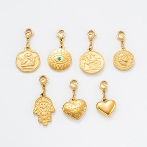 Set of 7 gold stainless steel pendants featuring angel, evil eye, and heart designs