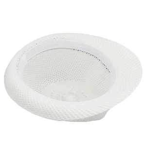 Detailed view of white knitted sun hat showing breathable mesh texture and craftsmanship