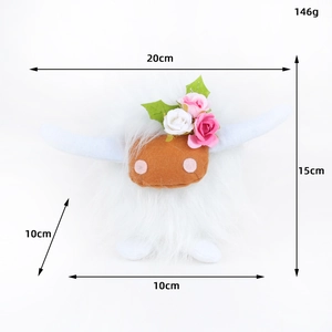 Detailed plush Highland Cow toy dimensions with floral headpiece and size measurements