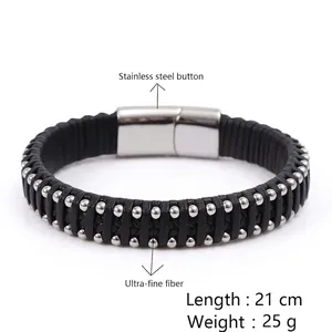 Men's microfiber braided bracelet with stainless steel studs and magnetic buckle 21cm