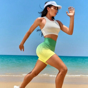 High-waisted green yellow gradient yoga shorts and white vest set for beach fitness