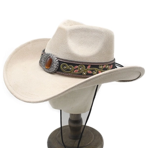 Beige faux suede western cowboy hat with vintage leaf embroidery and amber resin stone
