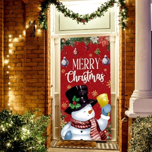 Christmas Door Banner Polyester Red Festive Front Door Hanging Decoration Flag With Snowman And Merry Christmas Pattern