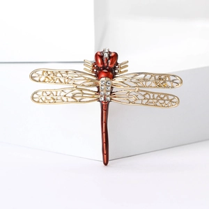 Fashionable alloy enamel dragonfly brooch with red finish and sparkling crystal accents