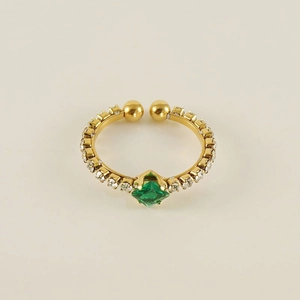 Adjustable gold ring featuring a square green gemstone and sparkling zircon accents