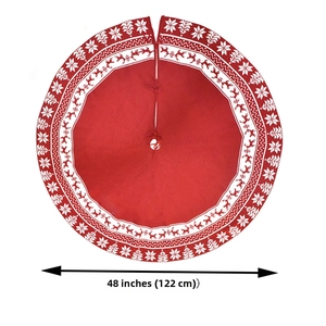 Detail of 48-inch red Christmas tree skirt with white snowflake and reindeer knit patterns
