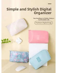Travel digital organizer bags in assorted colors featuring flamingo patterns and zipper closure