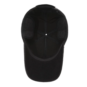 Internal view of black windproof baseball cap for seniors with warm ear protection flaps