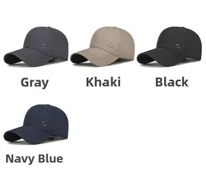 Collage of baseball caps in grey, khaki, black, and navy blue with metal logo detail