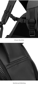 Detail of adjustable chest buckle and reinforced stitching on waterproof backpack
