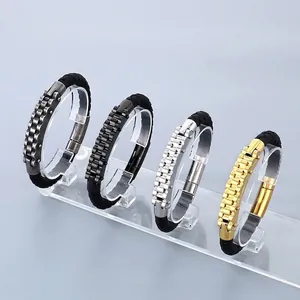 Men Braided Leather Bracelet With Stainless Steel Bicycle Chain Watch Band Style Mechanical Industrial Punk Jewelry