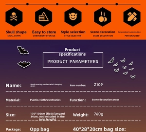 Infographic showing technical details of 170cm electric animated Halloween hanging witch