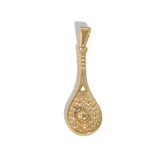 Detailed view of a golden stainless steel tennis racket pendant with a small ball