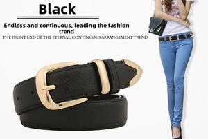 Detail of a minimalist black lychee texture belt featuring a polished gold alloy buckle