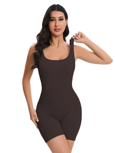 Detail of dark brown ribbed sleeveless one-piece bodysuit for yoga and pilates workouts