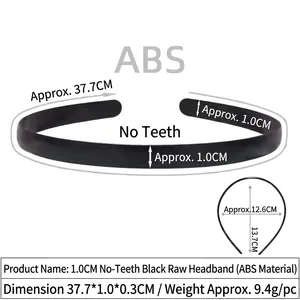 Detailed dimension view of 1.0cm wide black flexible plastic headband with smooth surface