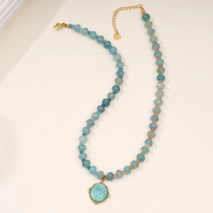 Bohemian purple agate and amazonite beaded necklace with large oval blue pendant