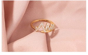 Detail of gold-plated adjustable ring featuring white zircon heartrate curve design