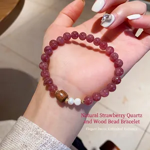 Elegantes Armband Aus Natürlichem Erdbeerquarz Und Süßwasserperlen Mit Holzperle Goldfarbene Abstandsperlen Vintage Zen Stil Damen
