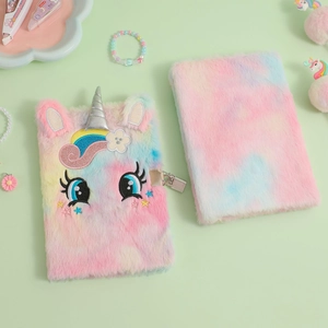 Detailed view of plush unicorn A5 diaries with colorful tie-dye and secure metal lock
