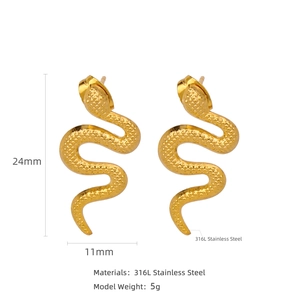 Gold-plated 316L stainless steel snake earrings with 24mm height and 11mm width dimensions