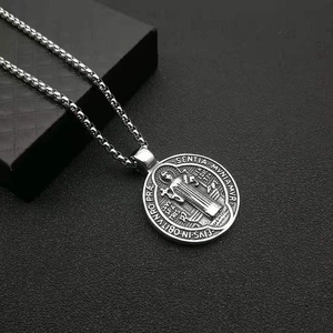 Retro punk stainless steel Saint Benedict medal pendant necklace on a silver box chain