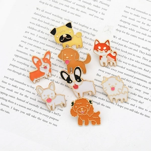 Collection of 8 creative enamel dog pins featuring Corgi and Pug on a book background