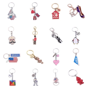 Detailed grid view of diverse metal keychains featuring enamel charms and souvenir designs