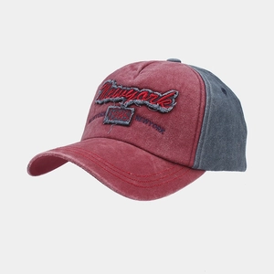 Detailed close-up of vintage washed baseball cap with New York 3D embroidery and worn edges