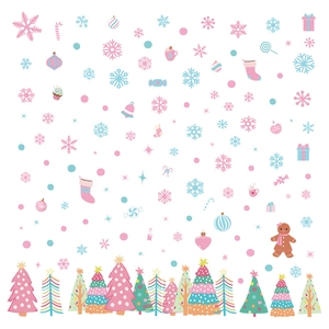Rosa und minzgrüne Weihnachtsbaum-Fensteraufkleber mit Schneeflocken und Festmustern