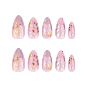 Short almond press-on nails with golden leaf patterns and silver floral accents