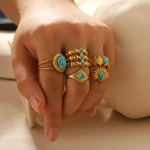 Anello Turchese Bohémien In Acciaio Inossidabile Placcato Oro 18K Fascia Geometrica Vintage Per Donna