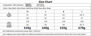 Size chart for women zipper jacket detailing length, shoulder, bust and sleeve in CM