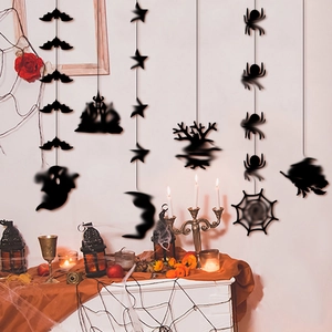 Black Halloween garlands featuring bat, spider and witch silhouettes for party decoration