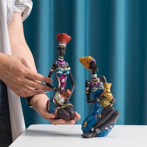 Artistic African women resin statues in colorful traditional outfits for home table decor
