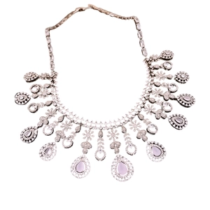 French style silver necklace with sparkling zircon water drop pendants on white background