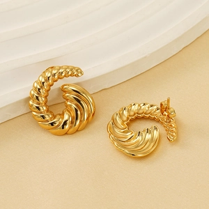 Polished 18K gold-plated stainless steel croissant hoop earrings with spiral texture