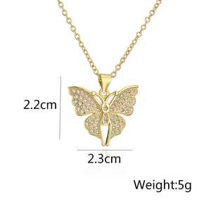 Detail of 18K gold butterfly necklace with zircon stones, showing size 2.2cm and 5g weight