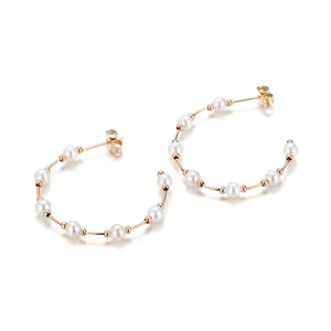 Artificial Pearl Hoop Earrings Stainless Steel C-Shape Circular Elegant Minimalist Korean Style Fashion Jewelry For Women
