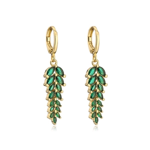 Elegant 18K gold-plated wheat leaf earrings featuring marquise green zircon stones