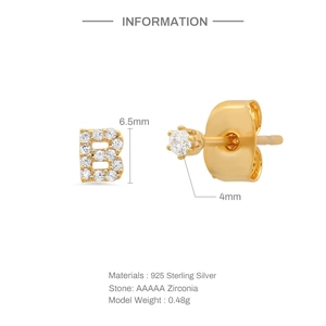 Detail specifications of 925 sterling silver letter B and zirconia stud earrings set