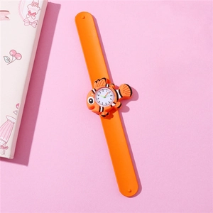 Detailed close-up of a cute orange Nemo clownfish themed silicone slap watch for kids