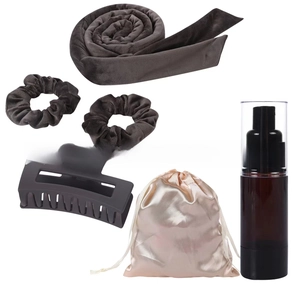 Heatless hair curler set with grey velvet rod, scrunchies, claw clip and spray bottle