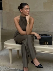 Minimalist halter neck jumpsuit in dark coffee color with wide leg trousers for women