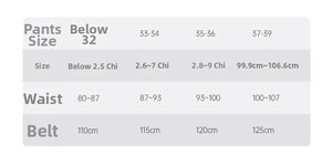 Size chart for men's automatic buckle leather belt with waist and length measurements