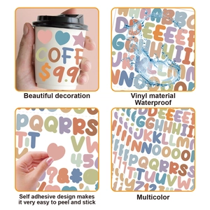 Detail showing waterproof vinyl letter stickers being applied to a cup and tested in water