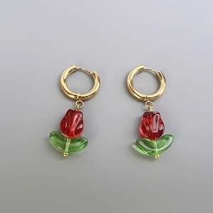18K gold plated tulip drop earrings with vibrant red buds and green leaves