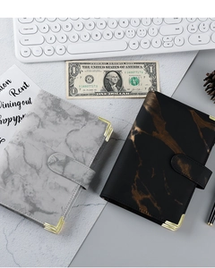 Detailed view of A6 marble PU leather binder notebooks with magnetic buckle and metal corners