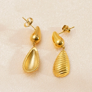 Minimalist 18K gold plated stainless steel teardrop earrings with textured stripes